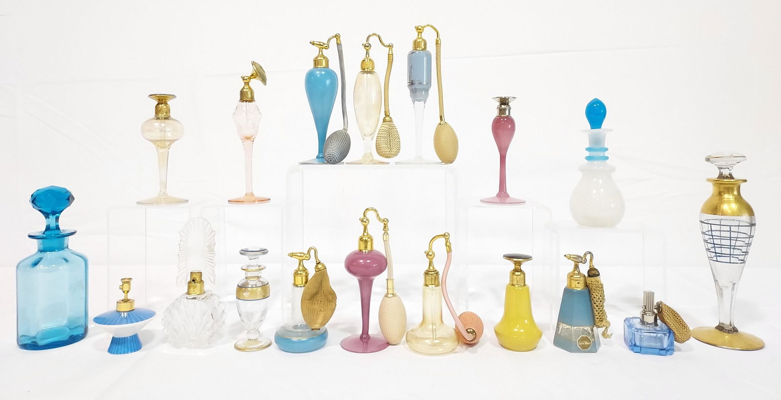 18 PERFUME BOTTLES DeVILBISS CZECH OPALINE & more: A collection of 18 assorted perfume bottles, atomizers, and scent bottles including Devilbiss, Czech, Opaline,crystal, enameled and more. Most unmarked. Condition: good, some without puffs, some with