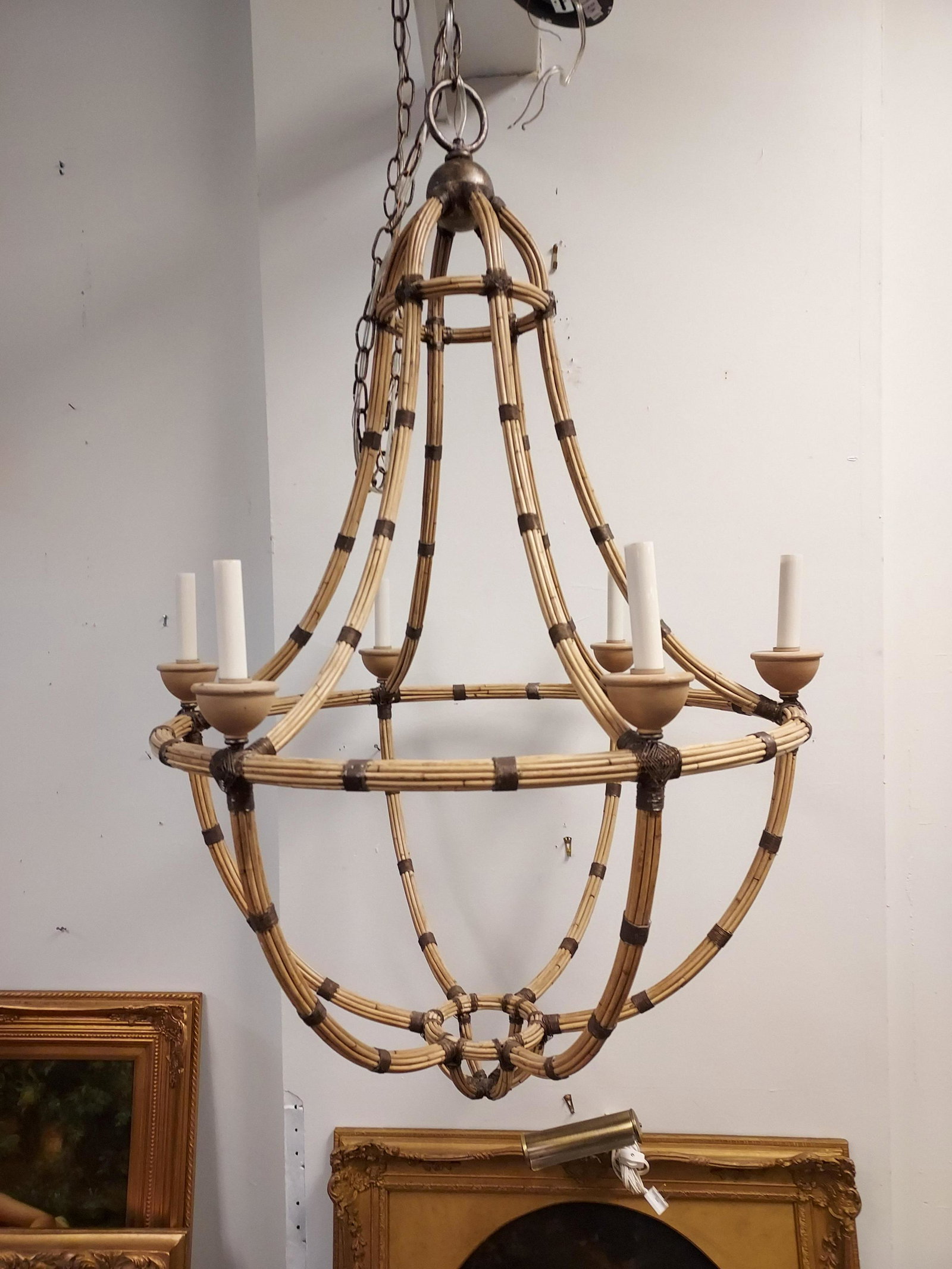 LRG CONTEMPORARY RATTAN CHANDELIER: Wired rattan chandelier. No apparent maker's mark. Measures: 42" T x 28" W. Condition good. Weight 20 lbs