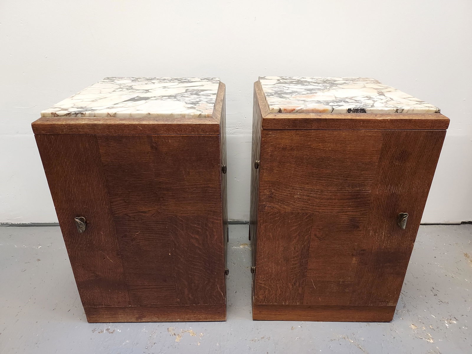 PAIR MARBLE TOPPED OAK MISSION SIDE CABINETS. (1 of 15)