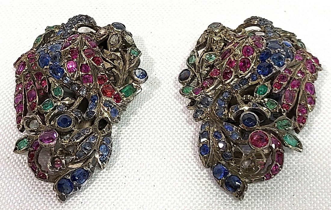 VICTORIAN RUBY EMERALD SAPPHIRE SILVER DRESS CLIPS (1 of 6)