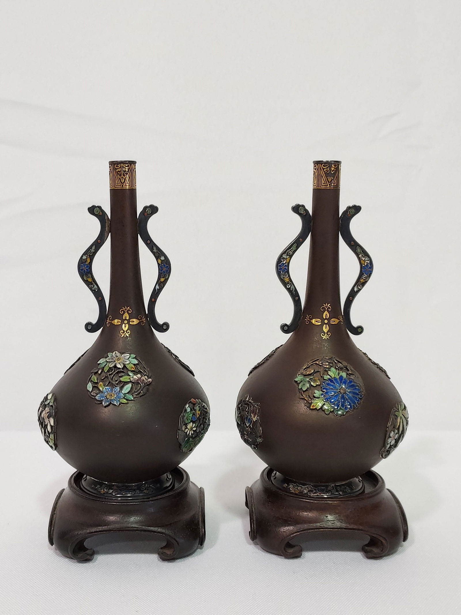 PAIR JAPANESE IRON & SILVER, GOLD ENAMEL VASES (1 of 20)