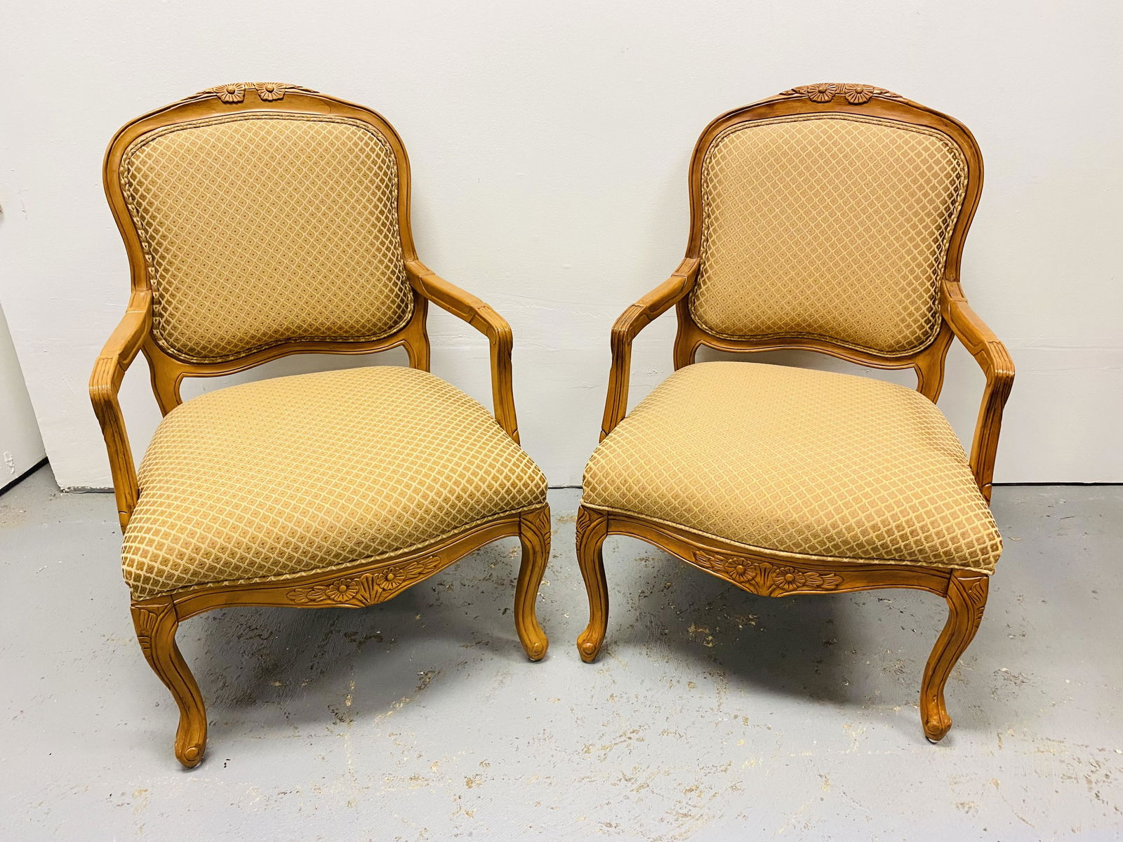 PAIR LOUIS XV STYLE BLONDE WOOD ARMCHAIRS (1 of 13)