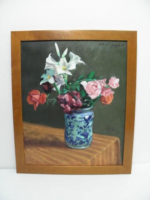 ROBERT SEYFFERT (AMERICAN) OIL ON CANVAS PAINTING: Robert Seyffert (American, b. 1952) oil on canvas floral still life painting. Signed upper right corner and framed in simple wood finish frame. Condition: minor wear to edge of frame as expected, see