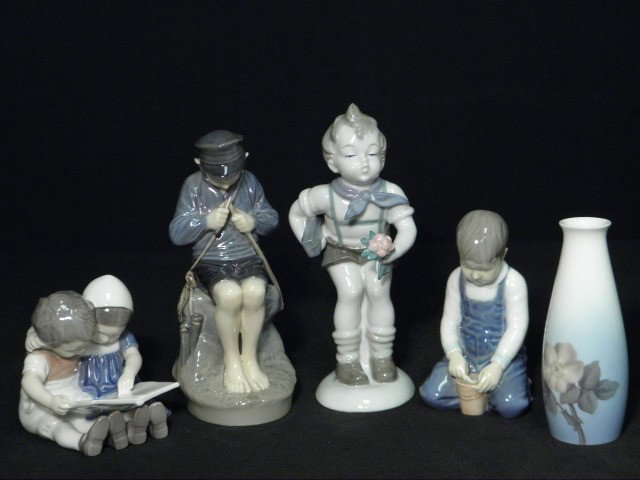 ASSORTED PORCELAIN: BING & GRONDAHL, WAGNER & APEL,: Group lot of five pieces of assorted porcelain. Includes a Bing & Grondahl "Boy with Bucket" #2127, Bing & Grondahl "Reading Children" #1567, Bing & Grondahl floral bud vase, Wagner & Apel figure of a