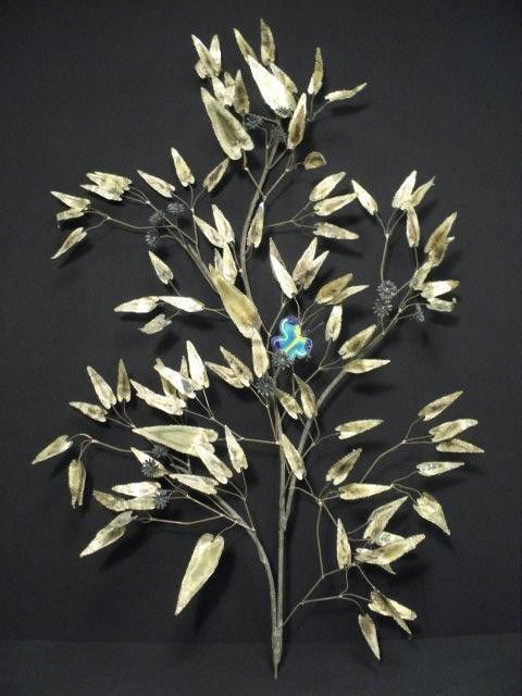 CURTIS JERE 1972 ENAMELED IRON WALL ART: Curtis Jere enameled iron wall art. Depicts birds on foliage with flowers and an enameled butterfly. Signed on one lower leaf, "C. Jere 72." Condition: minor rusting to internal iron, see images. Meas