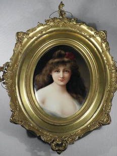 FINE KPM PORCELAIN HAND PAINTED PLAQUE: Fine KPM porcelain plaque. Oval form, with a hand painted portrait of a woman. Artist signed on the right edge (not visible when in frame) what appears to read "Greinch". Stamped on reverse of porcela