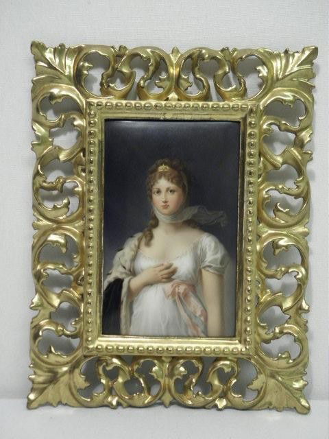 FINE KPM PORCELAIN HAND PAINTED PLAQUE: QUEEN LOUI: Fine KPM porcelain plaque. Rectangular form, slightly convex, hand painted with a portrait of Queen Louise of Prussia. Plaque is stamped on reverse "KPM 183 120 :( h". Framed in ornate pierced wood an