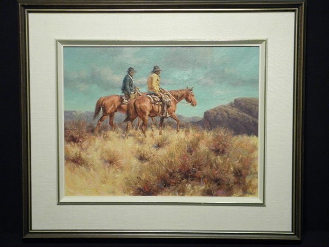 HAROLD LYON OIL ON CANVAS PAINTING: "DOUGLAS LAKE": Harold Lyon (Canadian, b. 1930) oil on canvas painting titled "Douglas Lake" on reverse, and signed "Lyon" lower right. Framed and matted in wood finish frame with gold highlights. Condition: good, no