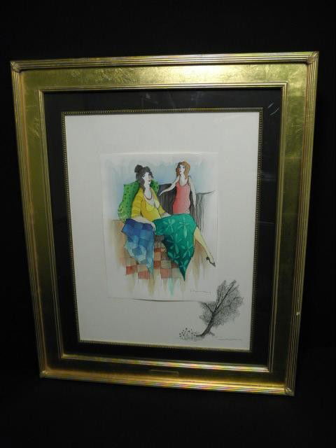 ITZCHAK TARKAY WATERCOLOR ON PAPER: "TWO LADIES AT: Itzchak Tarkay (b. 1935), original watercolor drawing on Arches paper. Titled on reverse "Two Ladies at the Cafe". Mixed media watercolor drawing on two sheets, and signed twice in lower right corners