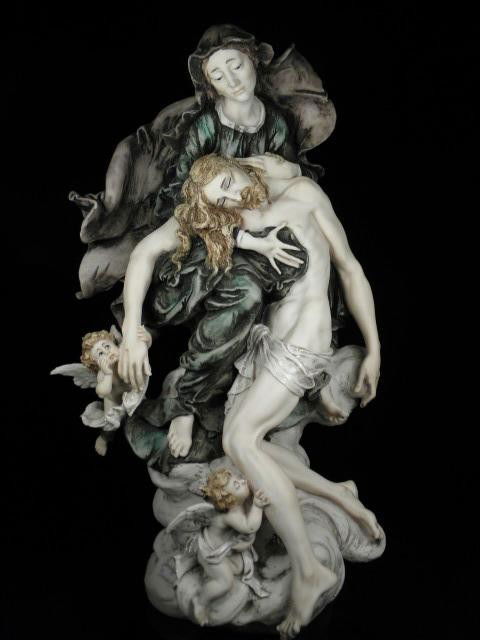 GIUSEPPE ARMANI CAPODIMONTE FIGURAL GROUP: "LA PIE: Giuseppe Armani Capodimonte Florentine figural group. Colored resin composition, on a dark brown glossy finish plinth base. Title plaque on front of base reads "La Pieta, By Giuseppe Armani". Marked o