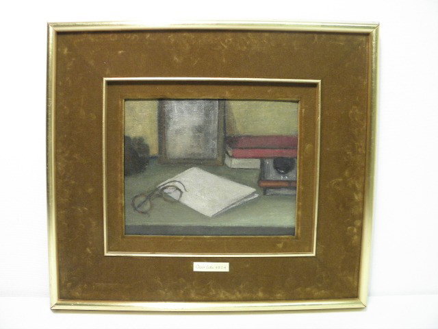 OZIAS LEDUC OIL ON CANVAS BOARD PAINTING: "NATURE : Ozias Leduc oil on canvas board painting titled "Nature Morte". As seen on page 84 of Paul Gladu's book "Ozias Leduc, Signatures" published by Broquet. Framed and matted in gilt frame, with olive/brow