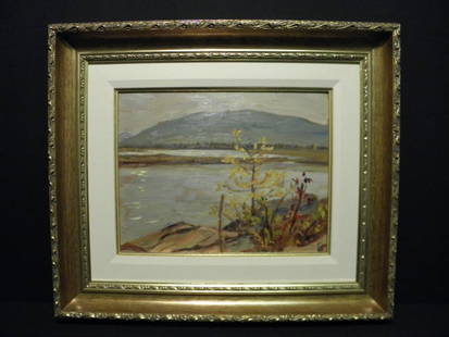 A.Y. JACKSON (CANADIAN, 1882-1974) OIL ON BOARD PA: A.Y. Jackson oil on board waterway scene painting. Signed lower right "A.Y. Jackson". Framed and matted in gold tone frame. Condition: good, minor dings and dents as expected to frame. Measures 10" ta