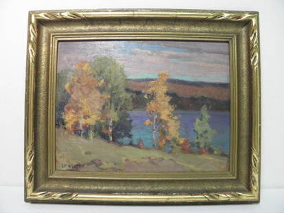 J.W. BEATTY (CANADIAN, 1869-1941) OIL ON BOARD PAI: John William Beatty (Canadian, 1869-1941), oil on canvas painting titled on reverse with what appears to read "Autumn Near Hunts". Signed on board in lower left "JW Beatty", and framed in gold tone fr