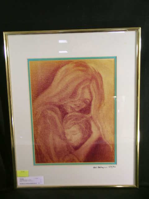 LITHOGRAPH SIGNED PRINT OF WOMEN AND CHILD: Lot 1358: LITHOGRAPH SIGNED PRINT OF WOMEN AND CHILD - Signed by Bob last name illegible dated 5/8/83. Framed and matted print measures 20 1/2" high by 16 1/2" wide by 3/4" deep. Condition generally g