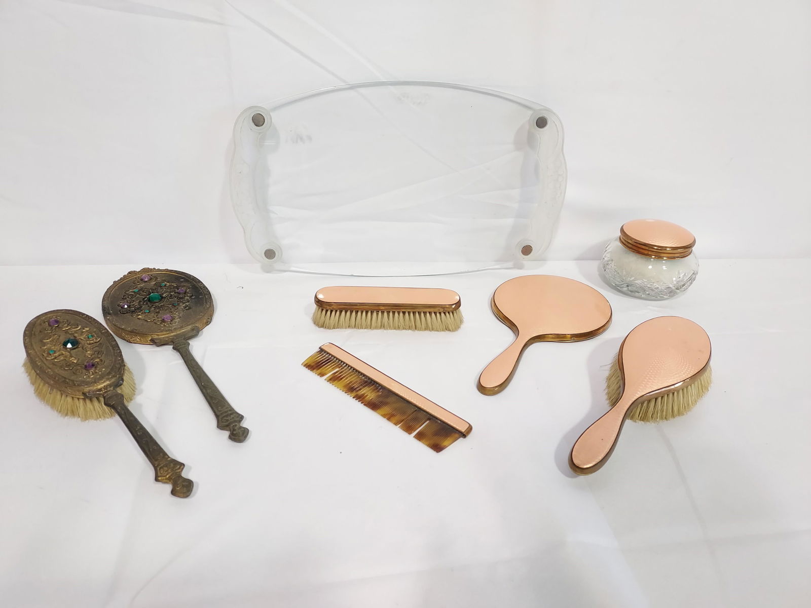 VINTAGE VANITY ITEMS: MIRROR & BRUSHES, TRAY, 8 PC (1 of 19)