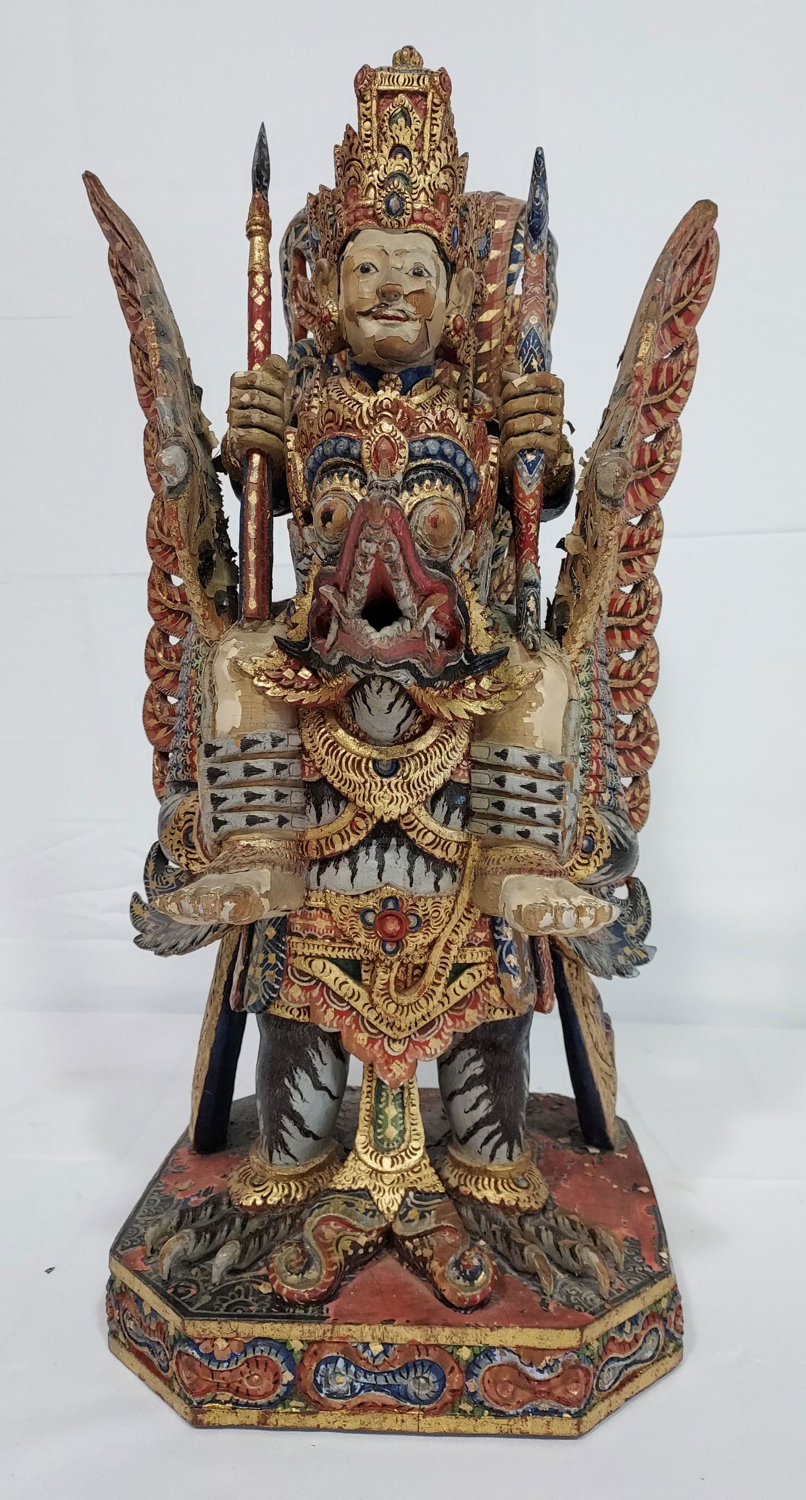 19th C POLYCHROME VISHNU GARUDA TEMPLE CARVING (1 of 16)