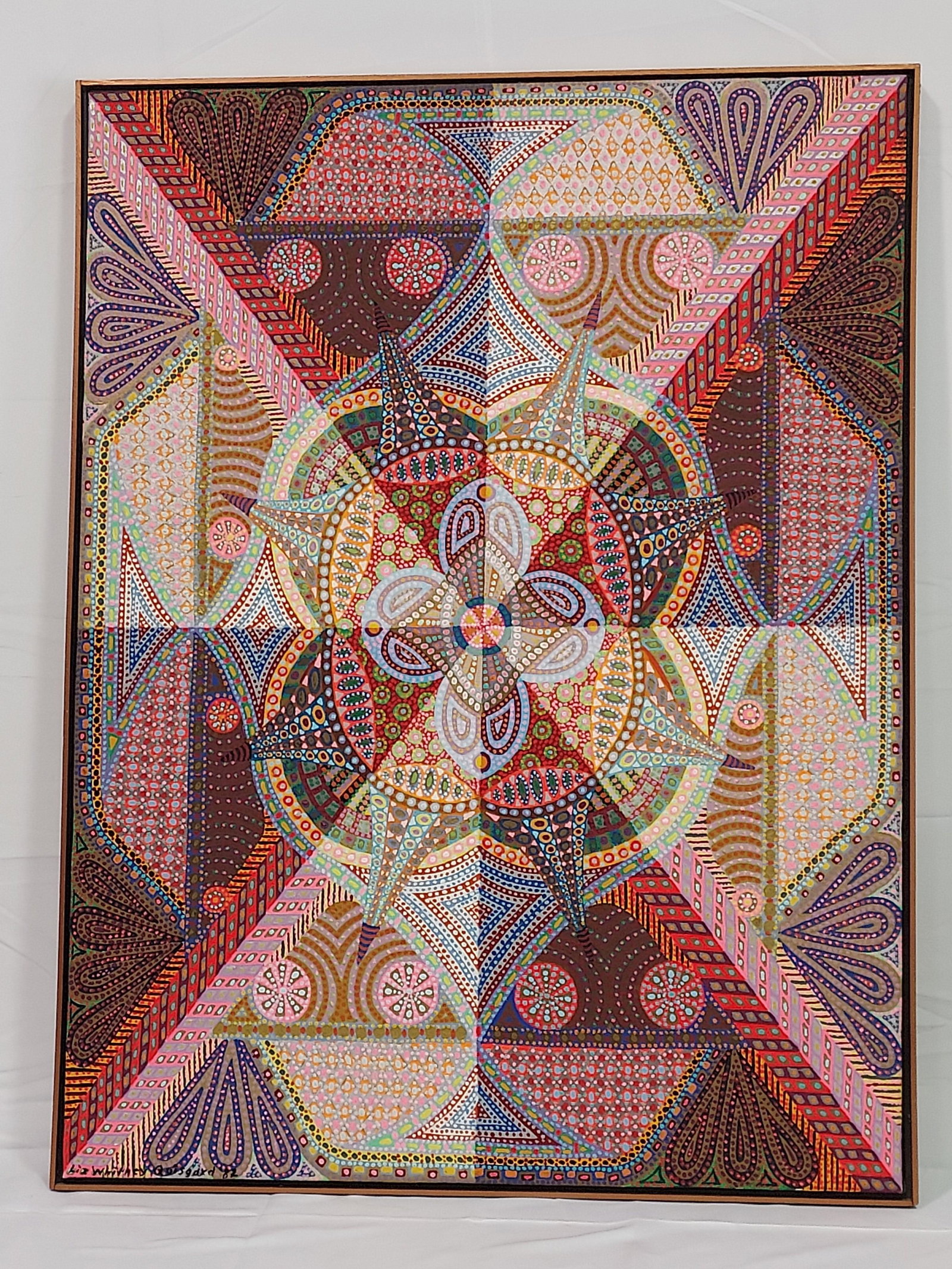 LIZ QUISGUARD ACRYLIC PAINTING BYIZANTINE SERIES 4: A large acrylic on canvas painting by Liz Whitney Quisguard (American b1929) Titled on reverse, "Byzantine Series #4, and dated '82. Measures: 49" x 37.25" x 1.75". Framed with simple brown painted wo