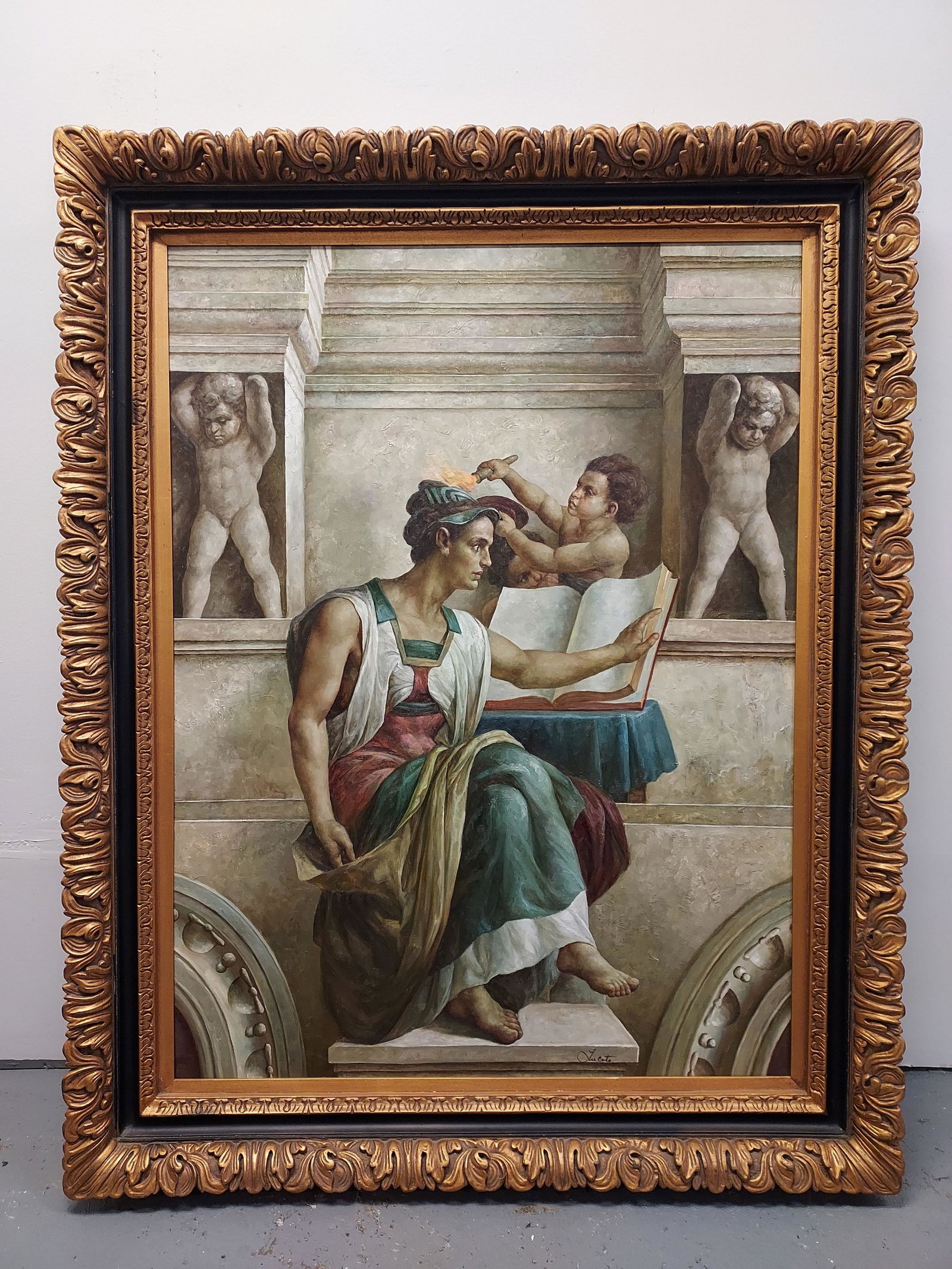 VINTAGE OIL ON CANVAS PAINTING AFTER MICHELANGELO: Vintage oil on canvas painting after "Erythraean Sibyl" by Michelangelo. Measures (frame) 58.25" tall x 46.75" wide and 3.5" deep, and (sight) 47.5" tall x 35.5" wide. Signed "Lucato" lower mid right.