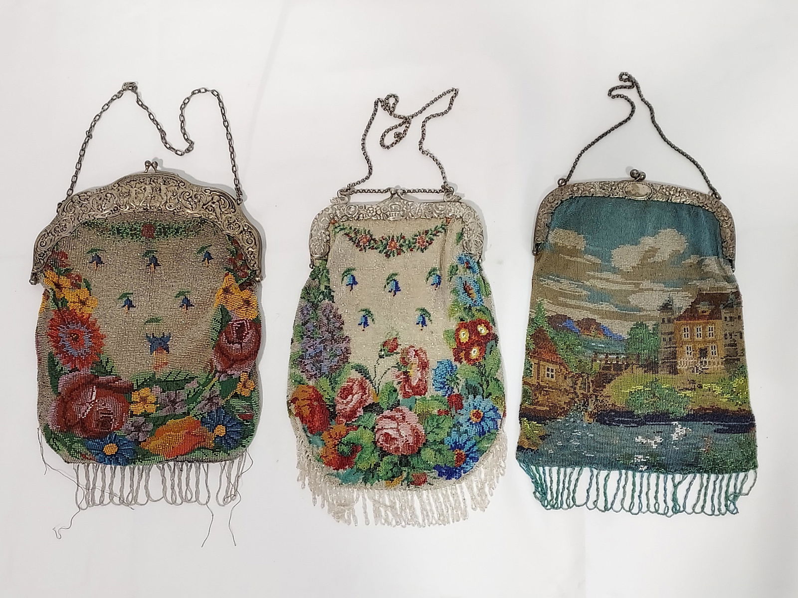 THREE GERMAN 800 SILVER PICTORIAL BEADED PURSES (1 of 20)