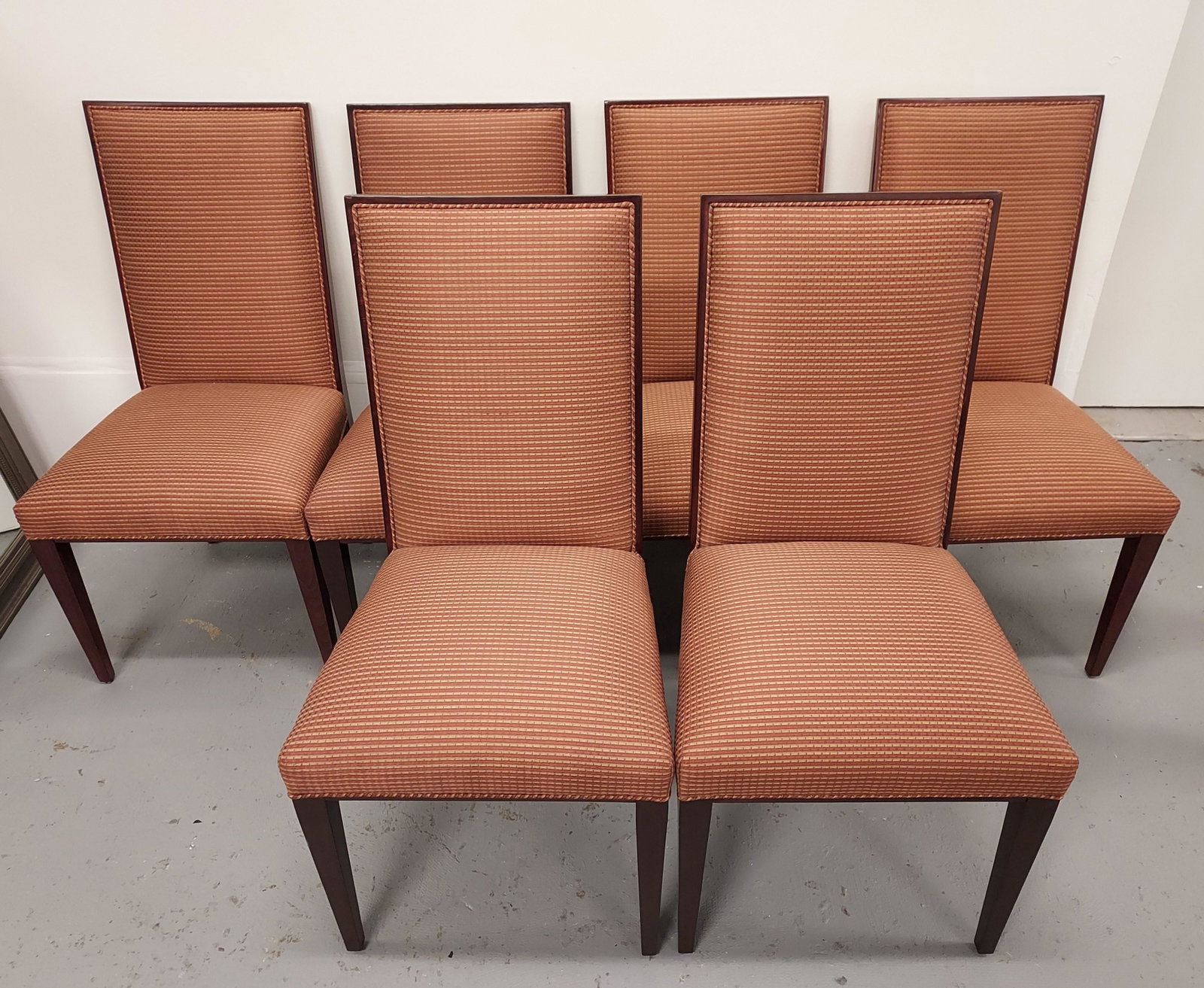 SET SIX MAHOGANY DINING SIDE CHAIRS: Set of six mahogany dining side chairs, each measuring 39.25" tall x 21" wide and 24" deep. Unsigned. Condition: good with normal signs of use, see images. Weight: 15 lbs each.