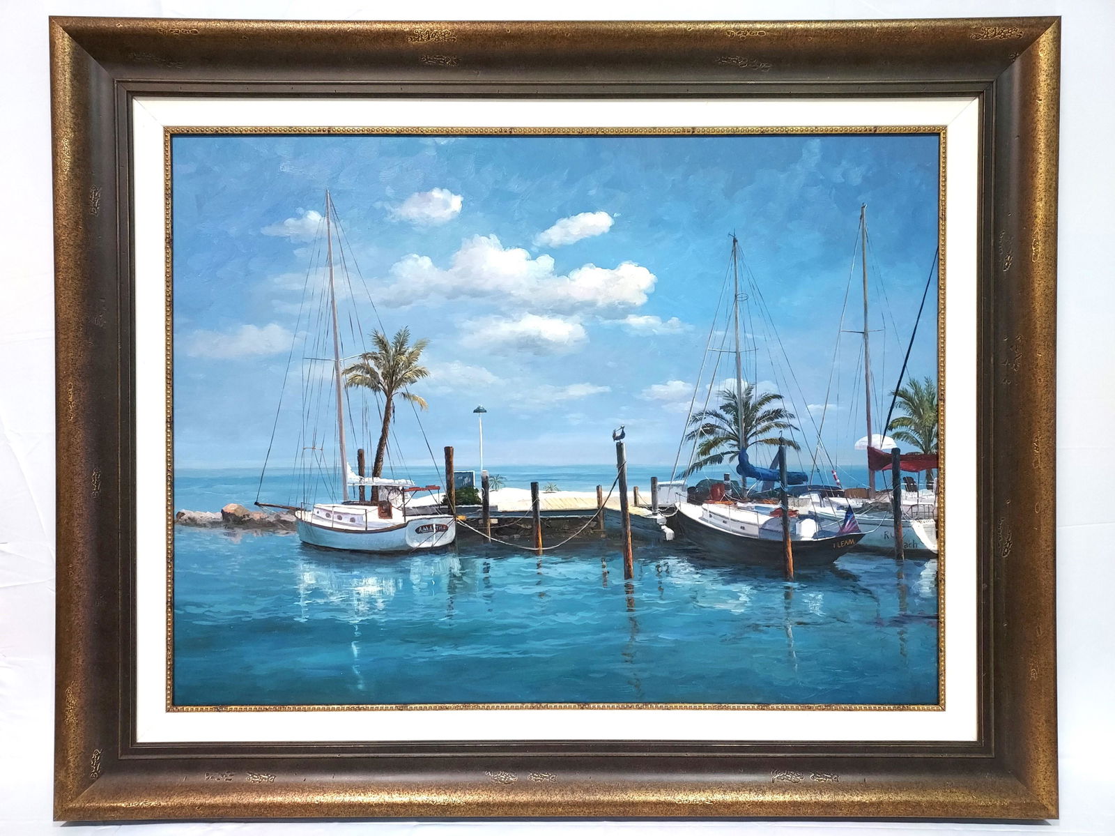 LARGE OIL ON CANVAS PAINTING, DOCKED SAILBOATS (1 of 9)