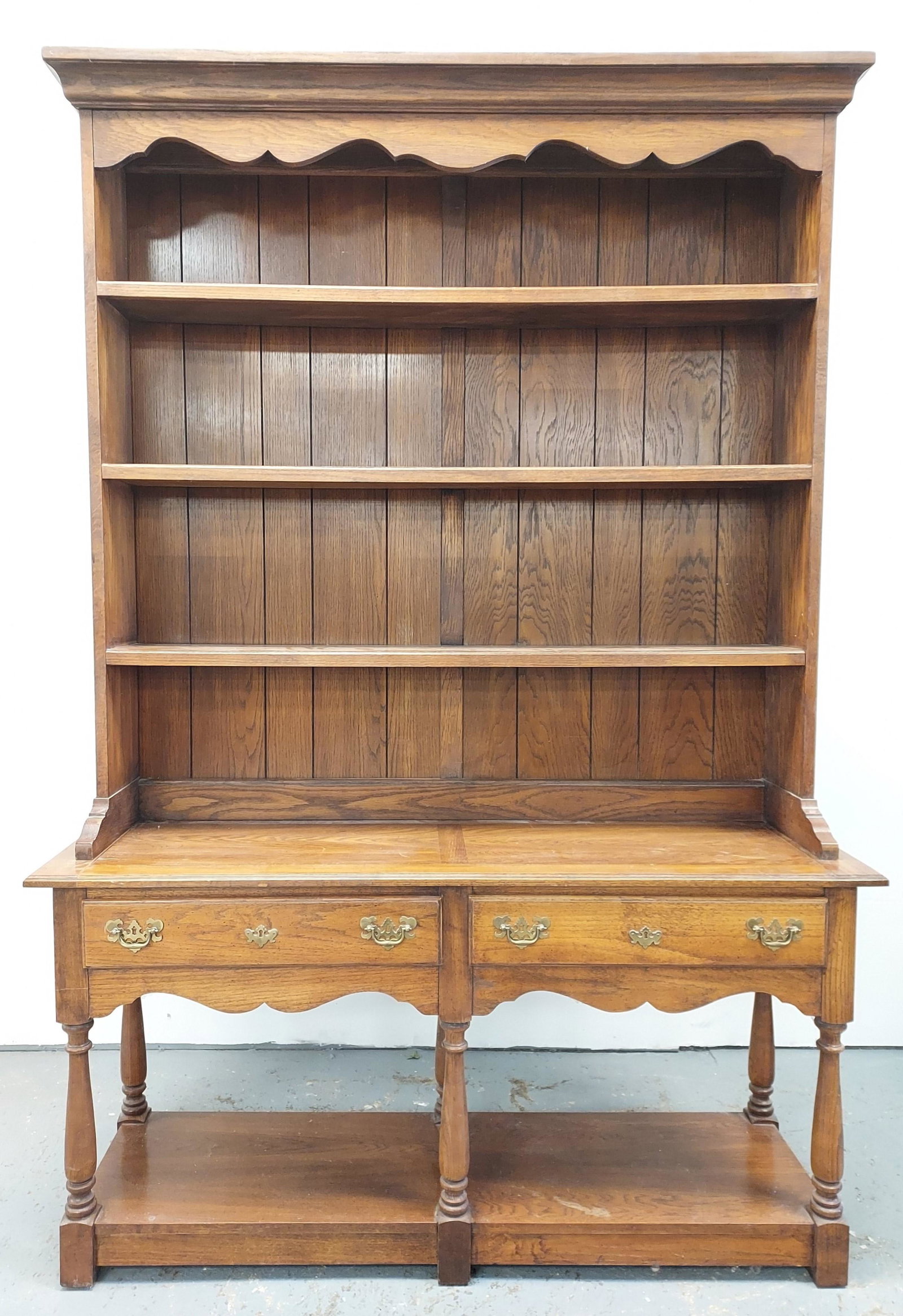 FRENCH COUNTRY FARMHOUSE STYLE WALNUT HUTCH: French country farmhouse style walnut hutch measuring 82.25" tall x 56" wide x 16" deep. 20th century. Condition: slight sag to shelves, backing to hutch needs re-nailed around edge, one pulls is miss