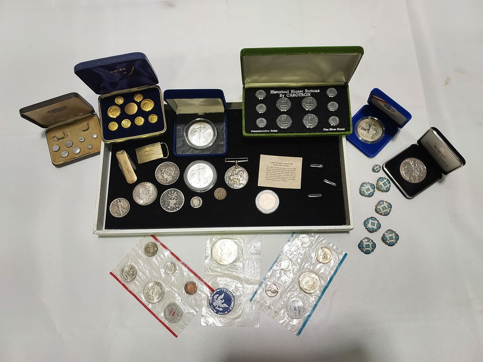 SILVER COINS GOLD BUCKLE & KNIFE, BLAZER BUTTONS + (1 of 20)