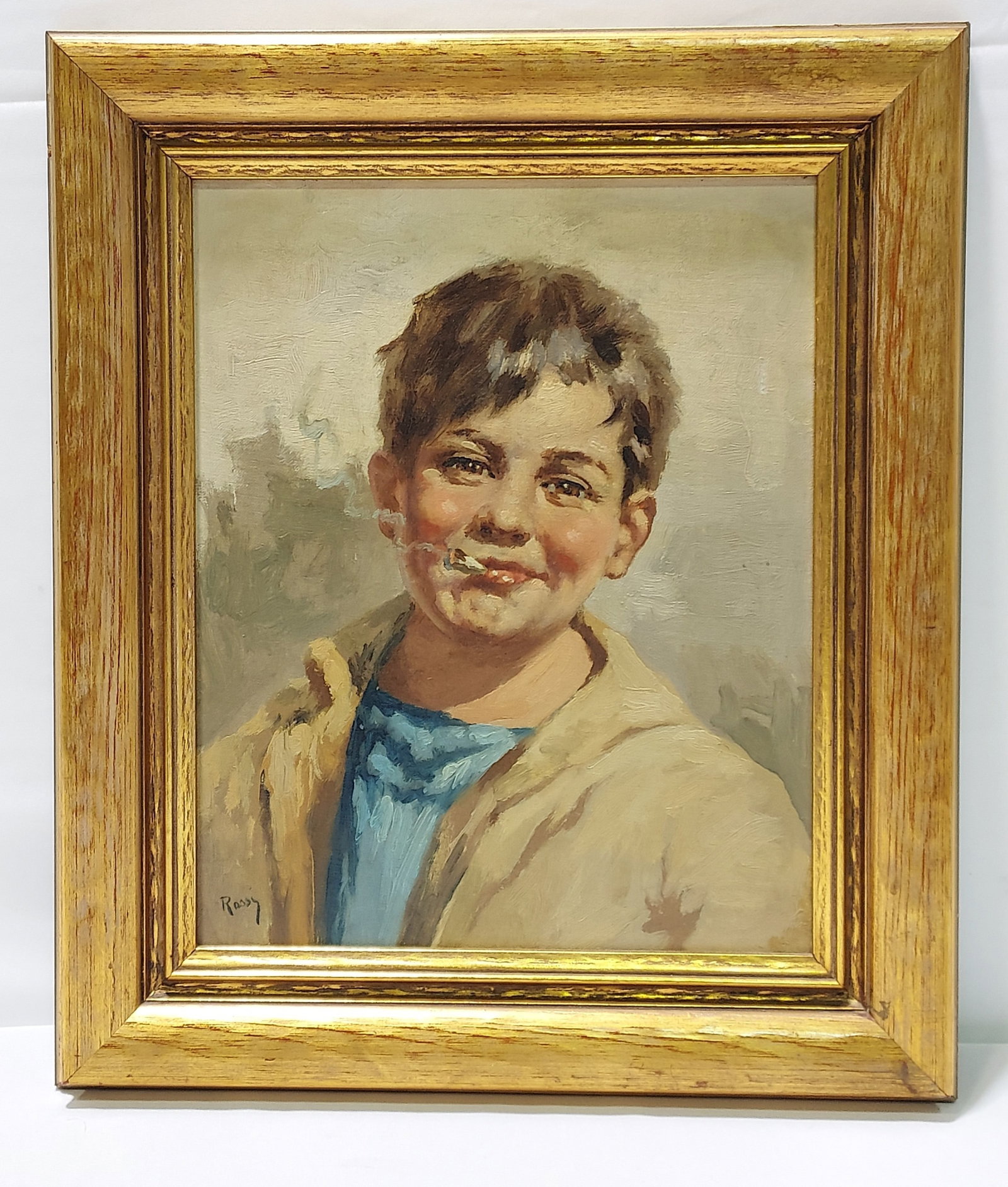 VNTG ITALIAN OIL ON BOARD PAINTING BOY W/ CIGARETT: Vintage Italian oil on canvas board painting depicting a young boy smiling while smoking a cigarette. Signed illegibly lower left, appears to read "Rossi" or something similar. Measures (frame) 16.25"