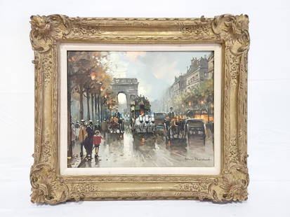 ANTOINE BLANCHARD OIL ON CANVAS BOARD PAINTING: Antoine Blanchard oil on canvas board painting depicting a 19th century street scene at the Arc de Triomphe, Paris. Signed "Antoine Blanchard" lower right. Measures (sight) 15.5" tall x 19.5" wide, an