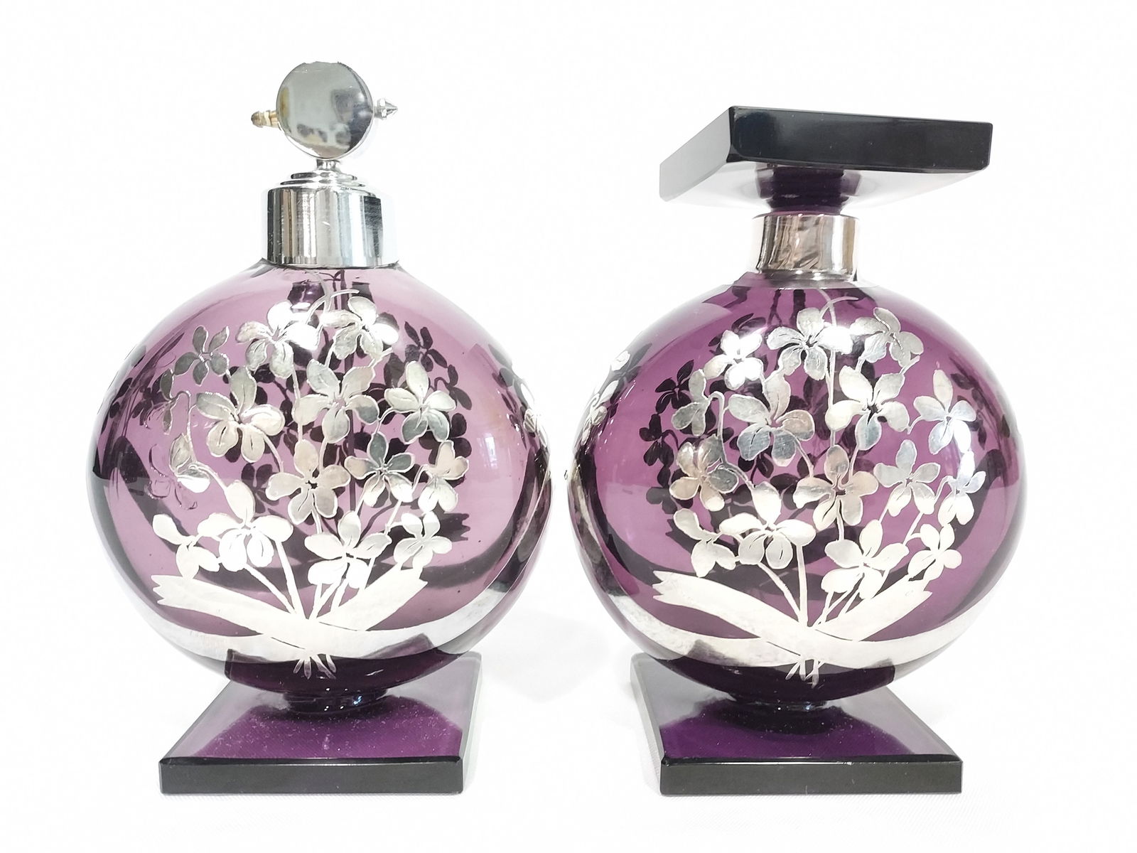 ART DECO SILVER OVERLAY AMETHYST GLASS SCENT BOTTL (1 of 13)