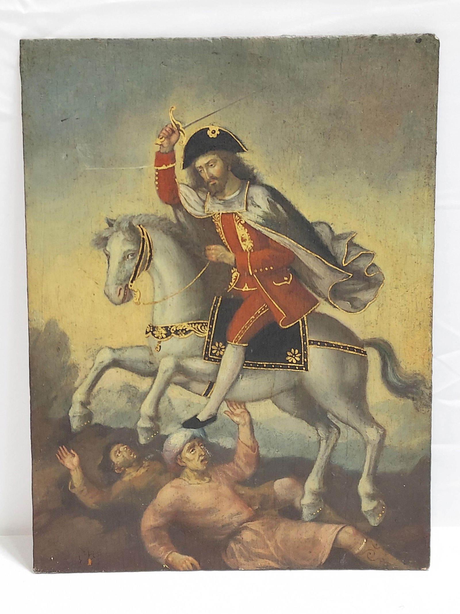 ANTIQUE OIL ON BOARD "ST. JAMES SLAYING MOORS" (1 of 7)