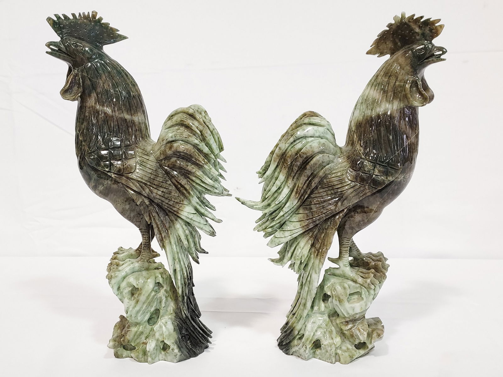 TWO CHINESE CARVED JADE 16" ROOSTERS (1 of 9)