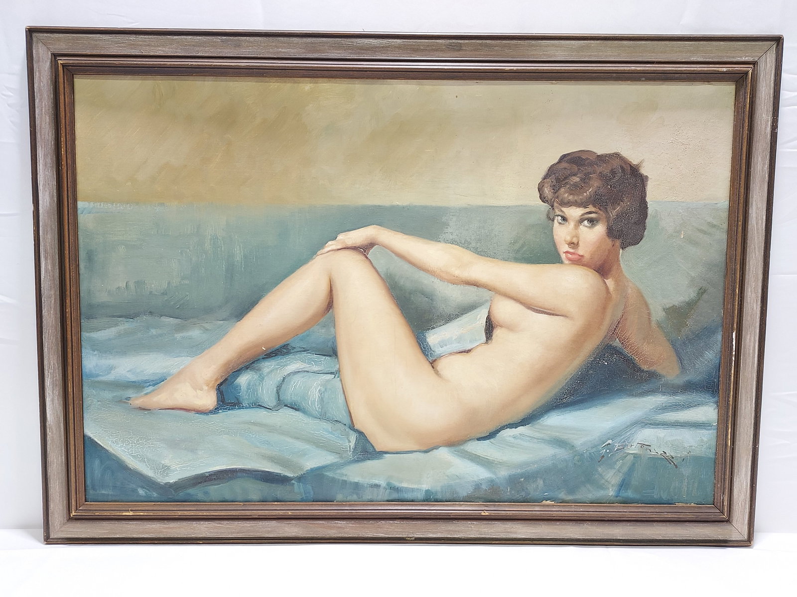 VINTAGE OIL ON BOARD PAINTING: RECLINING NUDE: Vintage oil on board painting depicting a reclining nude woman. Signed what appears to read "Burton" lower right corner. Measures (frame) 28.25" tall x 40.25" wide x 1" thick, and (sight) 23.25" tall
