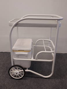 VINTAGE IGLOO WHITE METAL BAR CART: Vintage Igloo brand white metal bar cart with original cooler. Measures a total of 34.5" tall x 27" long x 24" wide. Condition: small crack to edge of top plexiglass surface, overall good condition co