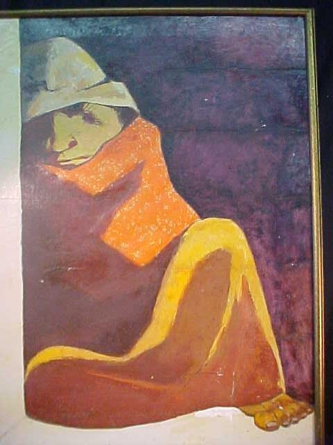 OIL PAINTING CANVAS EDUARDO KINGMAN SIES: Siesta Man oil on canvas painting. Canvas measures 23" wide by 31" tall. Total framed dimensions 24 1/2" wide by 33 1/4" tall. Some paint loss, generalized crazing, some inpainting approximately 15%.