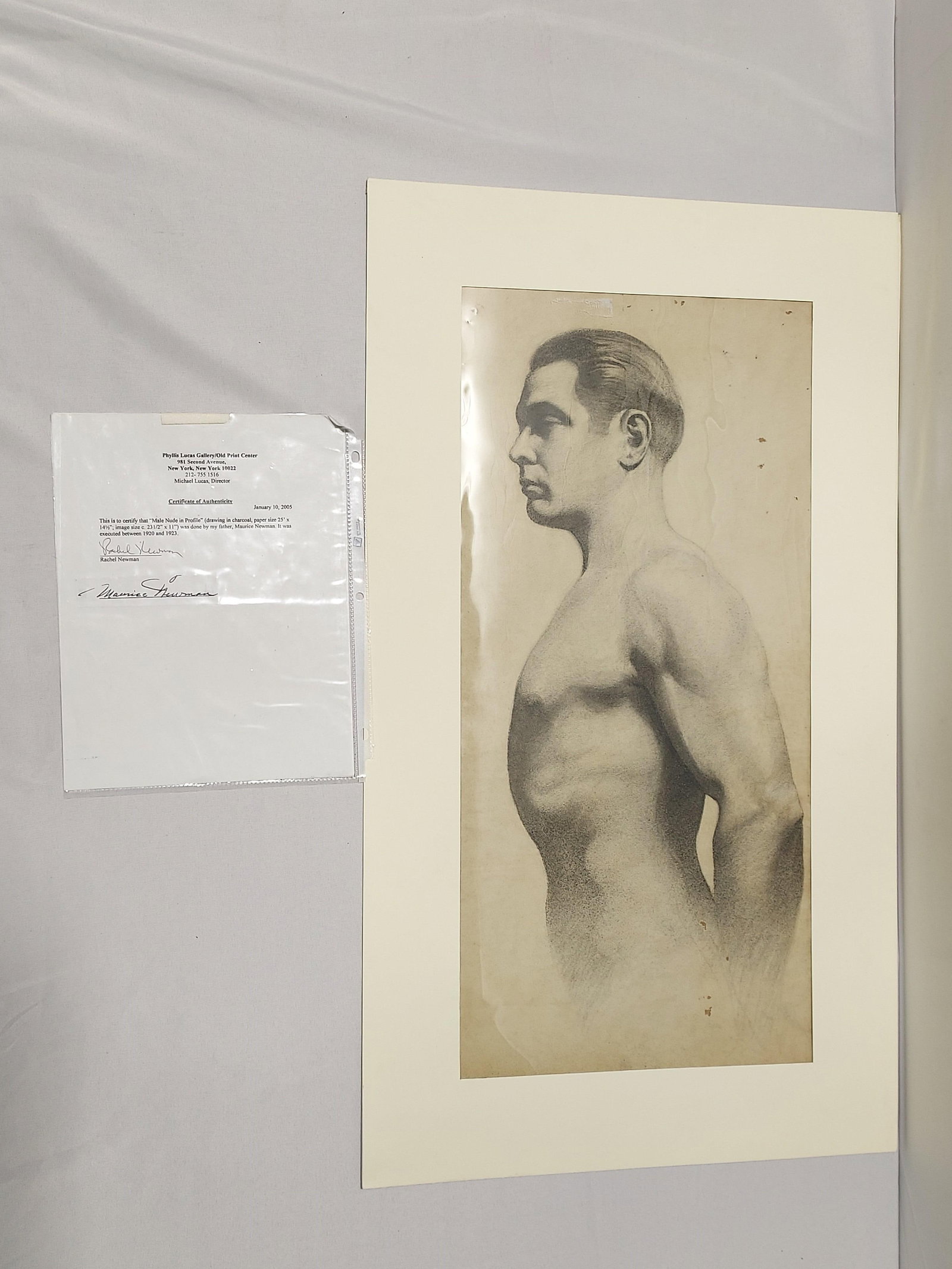 MAURICE NEWMAN: ANTIQUE CHARCOAL SKETCH NUDE MALE: Maurice Newman antique charcoal sketching/drawing of a nude male profile on hand laid paper. Unsigned but accompanied by a Certificate of Authenticity from Phyllis Lucas Gallery / Old Print Center, NY