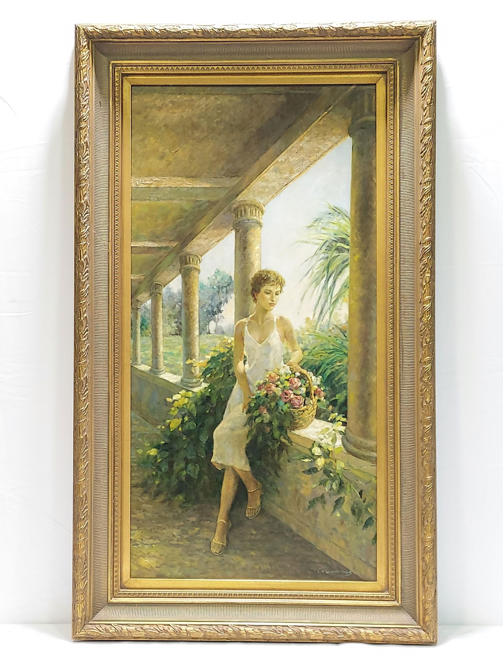 CONTEMP OIL ON CANVAS PAINTING: WOMAN WITH FLOWERS: Contemporary oil on canvas painting depicting a woman on a patio with a basket of flowers. Signed illegibly lower right. Measures (frame) 58" tall x 34" wide x 3.5" thick, and (sight) 47.5" tall x 23.