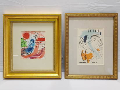 TWO MARC CHAGALL COLOR LITHOGRAPHS: MATERNITY: Lot of two framed Marc Chagall color lithographs. Includes "Mother and Centaur", 1957, Mourlot 195, matted under glass in gilt frame. Also includes "Kunsthalle Bern", 1959, published by Andre Sauret,