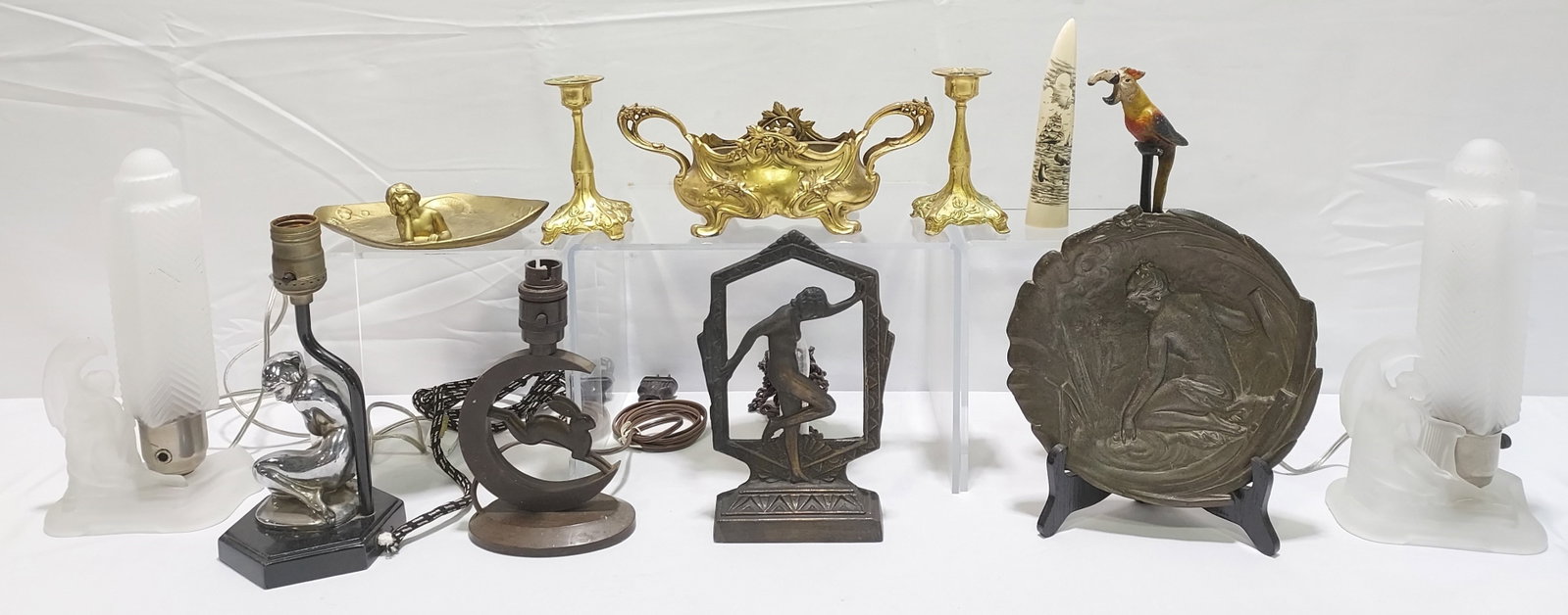 DEALER'S ESTATE LOT: ART DECO, ART NOUVEAU ETC.: Huge dealer's estate lot comprising Art Deco pieces, Art Nouveau, glass boudoir lamps, a scrimshaw horn, and more. Tallest pieces are the frosted glass lamps at 11" each. Condition: all as-is estate f