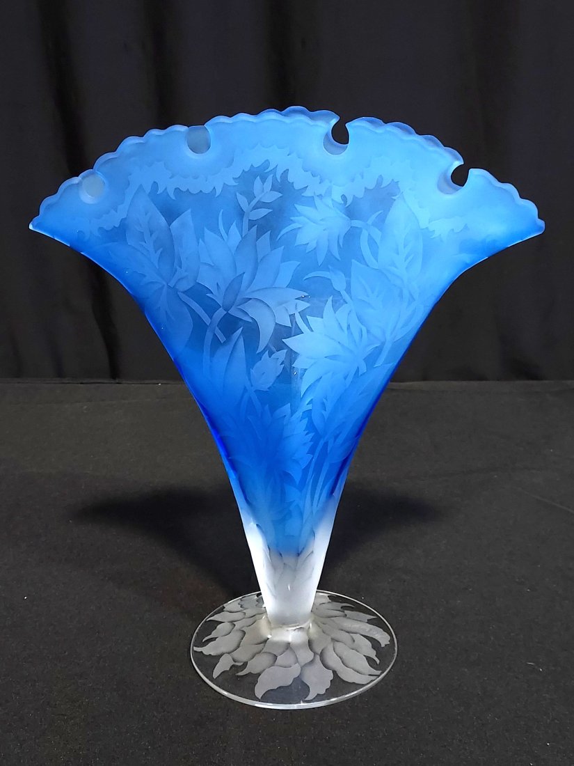 MARIALYCE HAWKE BLUE ETCHED ART GLASS FAN VASE (1 of 11)