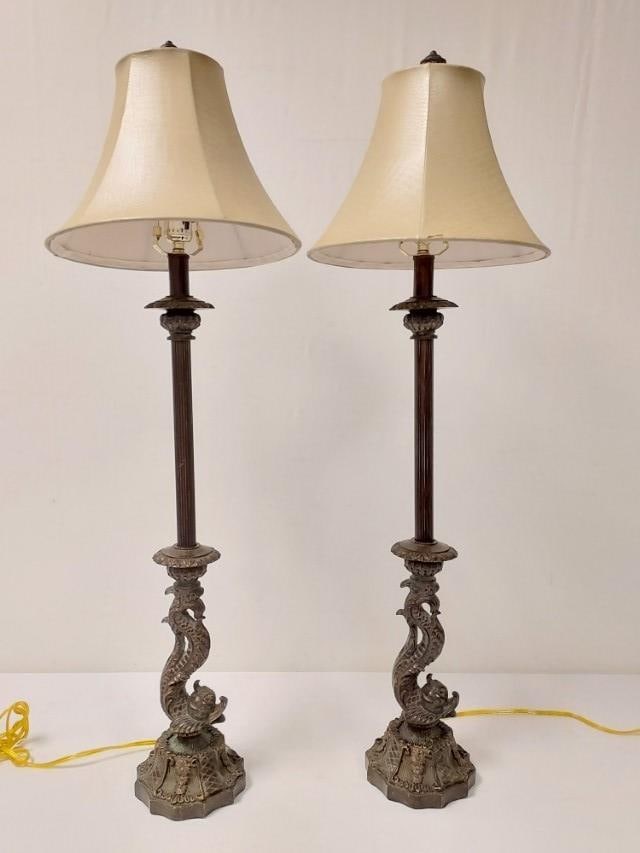 PAIR BRONZE PATINA CAST METAL DOLPHIN TABLE LAMPS (1 of 14)