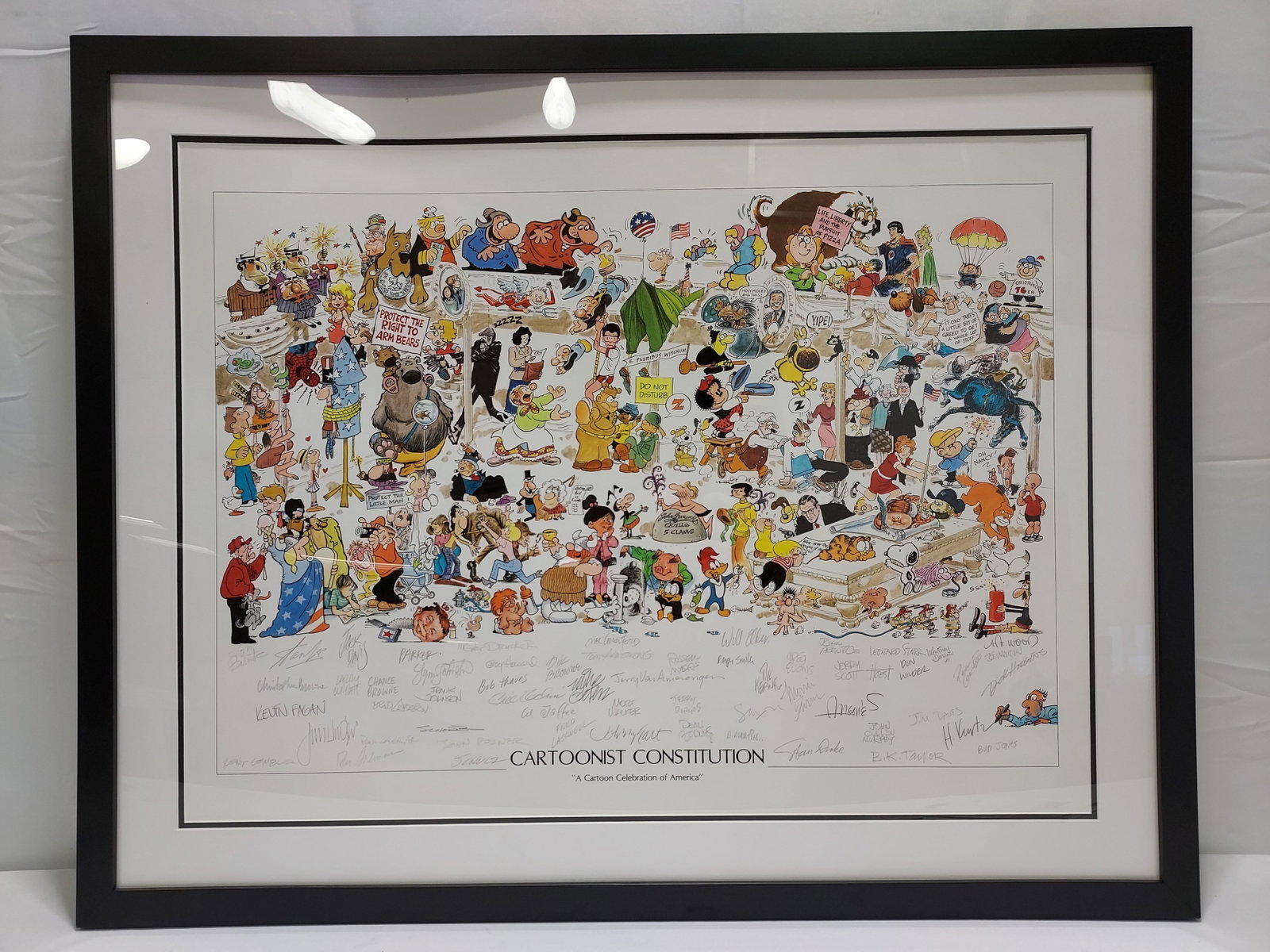 CARTOON CONSTITUTION LITHOGRAPH PENCIL SIGNED: A interesting lithograph depicting a composition of cartoon character favorites. One of a select group of 195 limited editions with 56 pencil signed signatures of some of the great cartoonists of our 