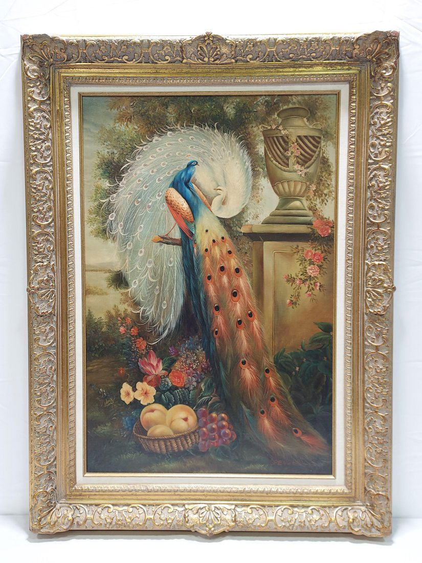 DECORATIVE OIL ON CANVAS PAINTING OF TWO PEACOCKS (1 of 7)
