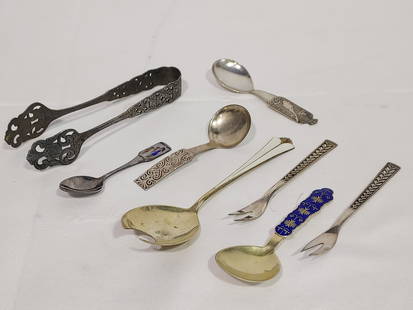 NORWAY STERLING SILVER, 830, & 800 FLATWARE 10 PC: Ten pieces of Norway flatware. Lot includes: Large tongs with repousse design stamped, " H. Marthinsen Sterling Norway." - Weight 94.59 gms. David Andersen gold washed sterling silver spoon with white