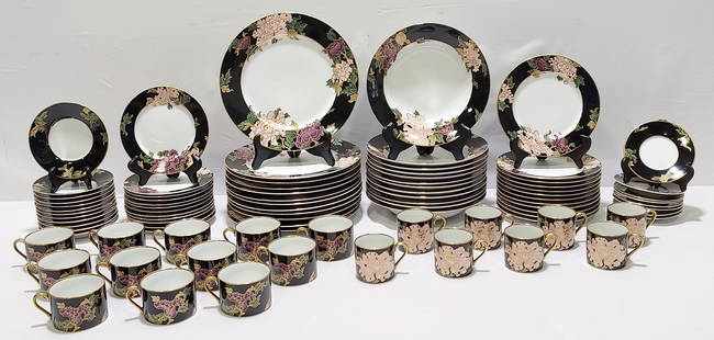 FITZ & FLOYD "CLOISONNE PEONY" DINNERWARE FOR 12: Fitz & Floyd "Cloisonne Peony" porcelain dinnerware partial service for 12. Includes (12) 10.25" plates, (12) 7.5" plates, (12) 6.5" plates, (12) 9.25" soup bowls, (12) 5.75" coffee saucers, (12)