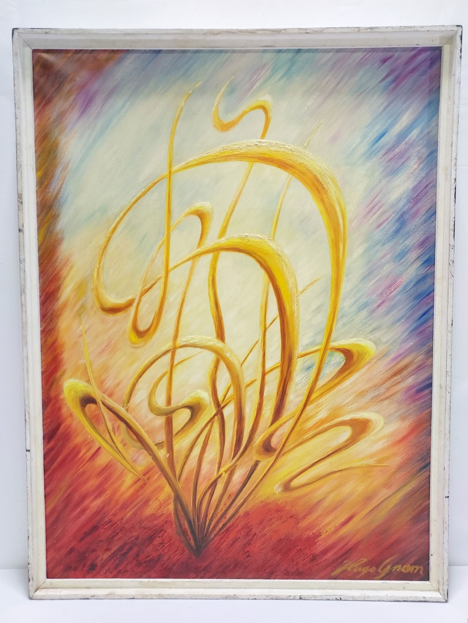 HUGO GNAM JR (1899-1997) OIL ON CANVAS PAINTING: Huge Gnam Jr. (1899-1997) oil on canvas painting, titled verso "Leaves of Grass #3". Signed lower right. Measures (frame) 31.5" tall x 23.75" wide x 2" thick, and (sight) 30" x 22.25" wide. Condition: