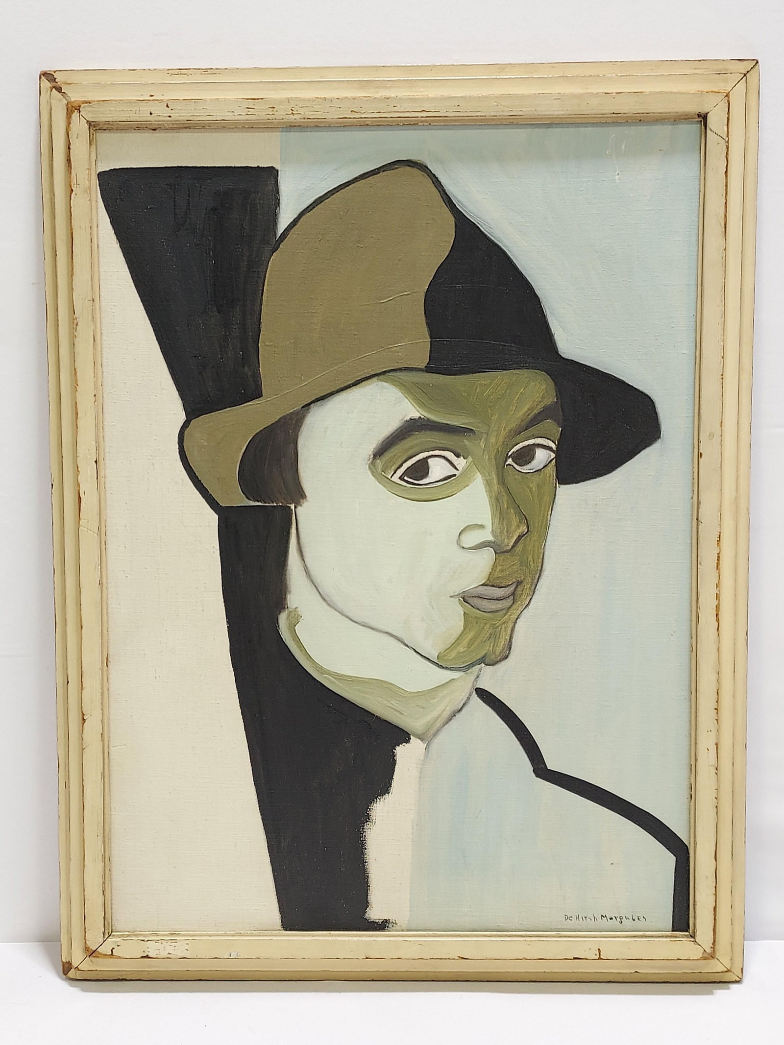 DE HIRSCH MARGULES OIL PAINTING SELF PORTRAIT: De Hirsch Margules (American, 1899-1965) oil on canvas board cubism self portrait painting. Signed lower right. Measures (frame) 24.75" tall x 18.75" wide, and (sight) 21.5" x 15.5". Short provenance 