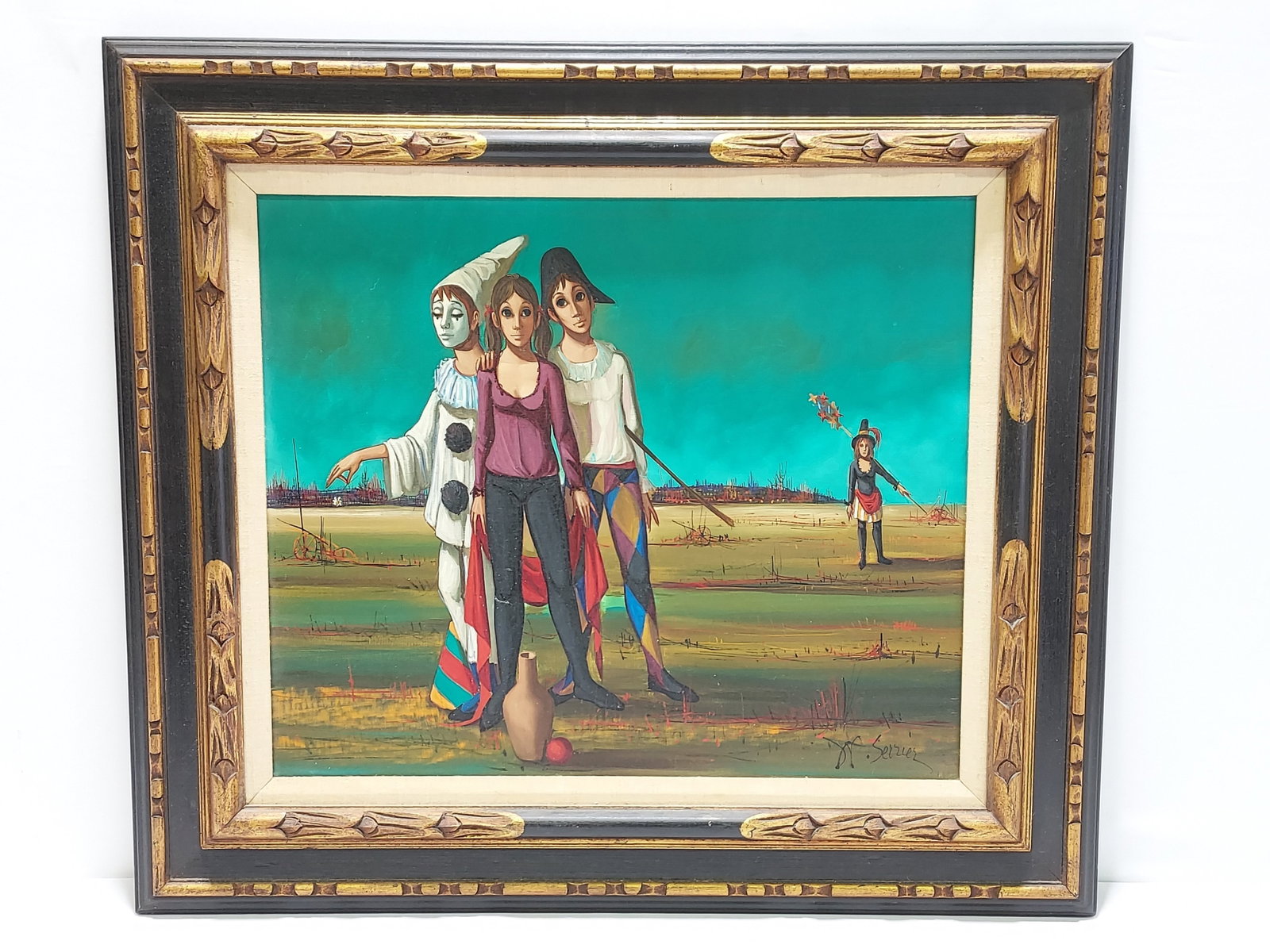 JEAN PIERRE SERRIER OIL ON CANVAS PAINTING: Jean Pierre Serrier (French, 1934-1989) oil on canvas painting depicting four figures. Signed lower right. Measures (frame) 26.5" x 30" wide, and (sight) 17.5" x 21" wide. Condition: good, no signs of