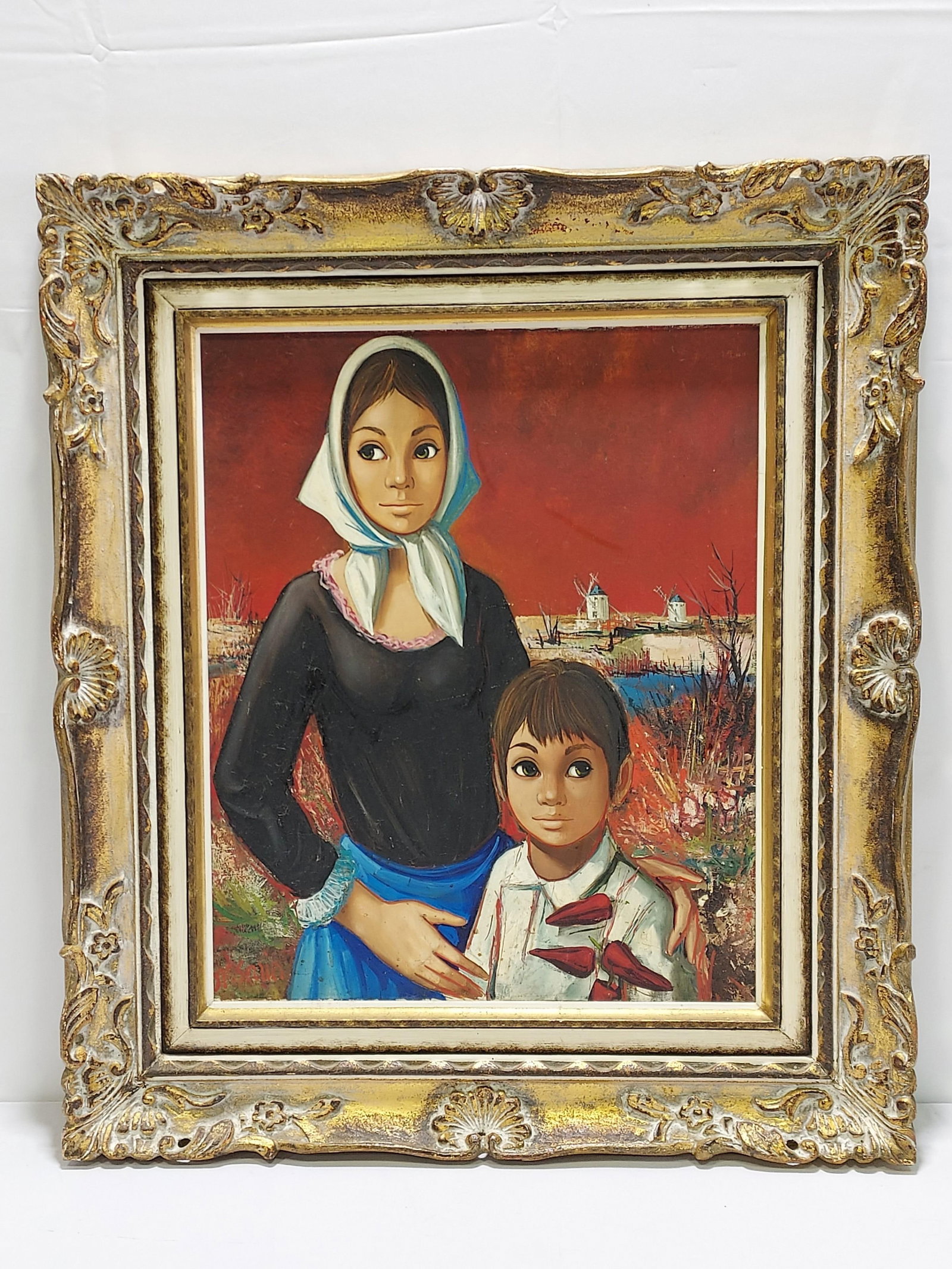JEAN PIERRE SERRIER OIL ON CANVAS PAINTING: Jean Pierre Serrier (French, 1934-1989) oil on canvas painting depicting a mother and son. Signed lower left. Measures (frame) 31" tall x 27" wide x 2" deep, and (sight) 21.5" x 17.25" wide. Condition