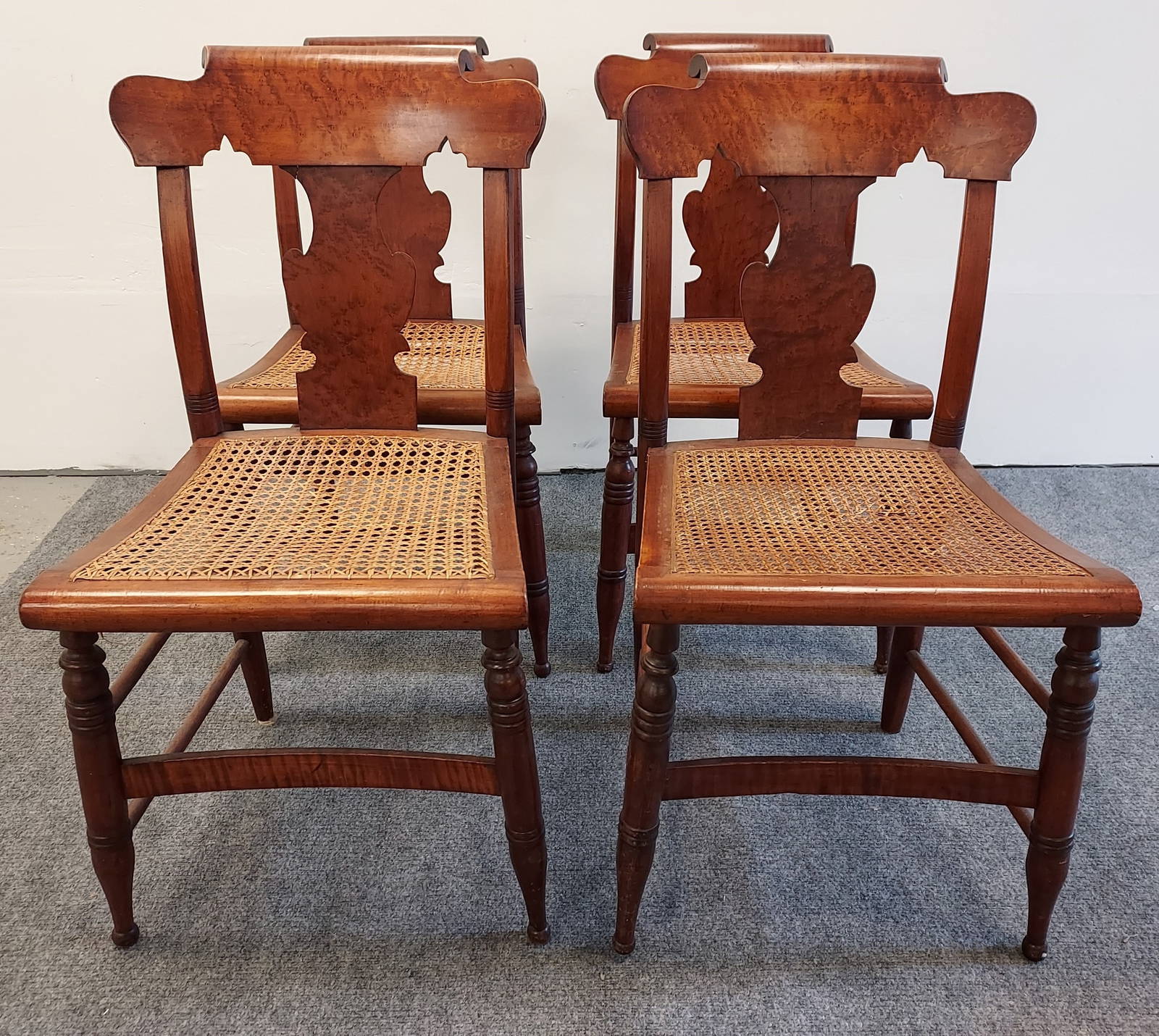 Four New England Birdseye Maple Fiddle Back Chairs Auction
